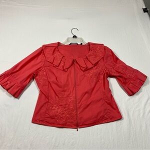 Samuel Dong Zip-up Cropped Top Embroidered Cropped Blouse 3/4 Sleeve Cotton
